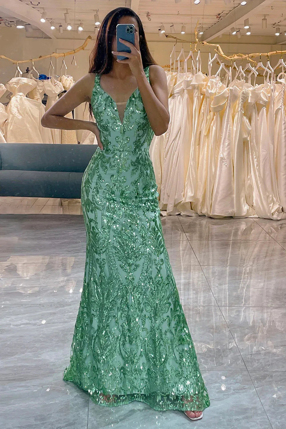Wholesale Glitter Green Mermaid V-Neck Backless Long Prom Dress With Sequin prom dresses with long sleeves